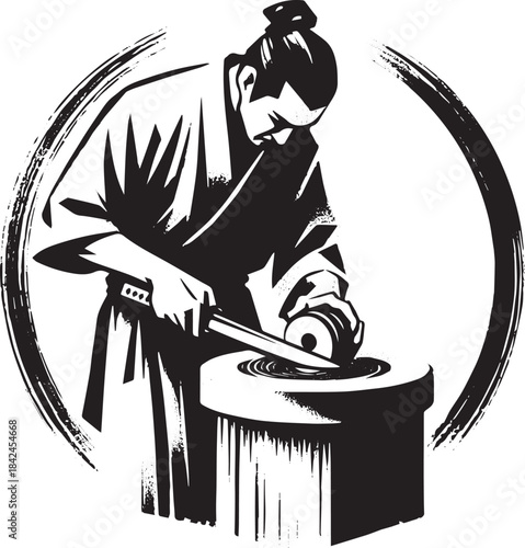 Sumi-e illustration of a man meticulously sharpening a sword on
