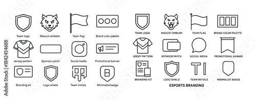 Esports branding icons: shields, emblems, logos, jerseys, flags