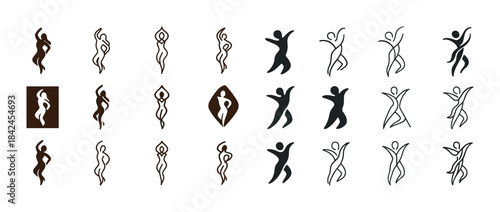 Abstract dance and yoga silhouettes: dynamic movement symbols