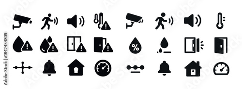 Security and safety icons: surveillance, alerts, temperature, mo