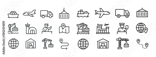 Logistics and transportation icons: ship, plane, truck, warehous