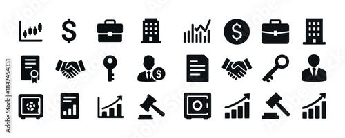 Financial business icons set with graphs, currency, and office e