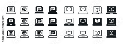 Laptop icons with chat and book symbols in black and white varia