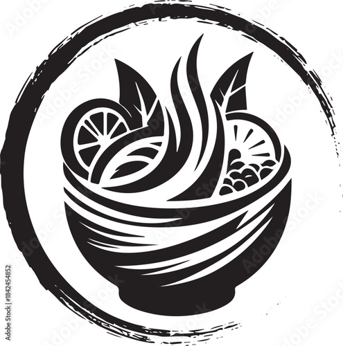 Monochrome sumi-e depiction of Peruvian Tiradito in an inky brus