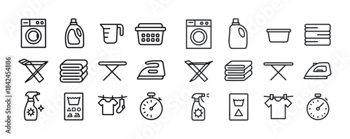 Laundry and cleaning icons set: washing machines, detergent, iro