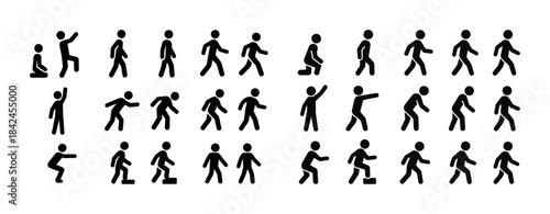 Simple stick figure positions illustrating various human movemen