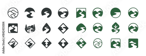 Nature-inspired emblems: river and mountain symbol collection