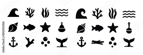 Collection of nautical and marine icons: wave, coral, fish, anch