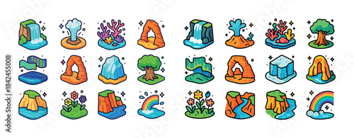 Collection of colorful nature icons featuring landscapes and nat