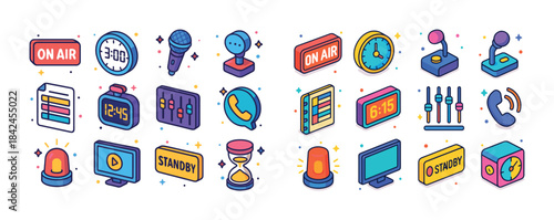 Colorful broadcast and audio icon set with microphones, clocks,