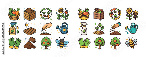 Colorful gardening icons featuring tools, plants, and eco-friend