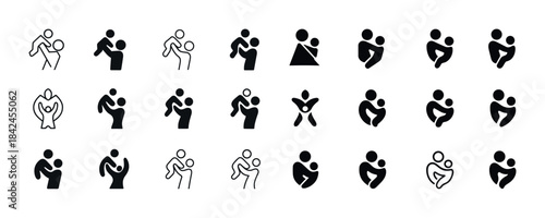 Set of abstract minimalist parent-child icons depicting family a