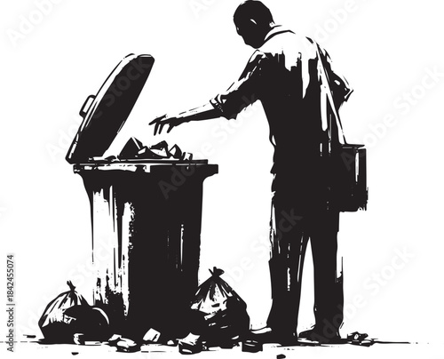 Sumi-e style illustration of a man foraging for recyclable items