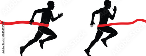 Two black silhouette runners crossing a red finish line ribbon running race