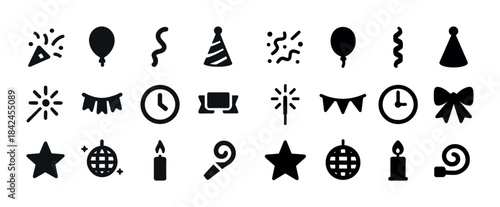 Celebration icons set: balloons, confetti, party hats, decoratio