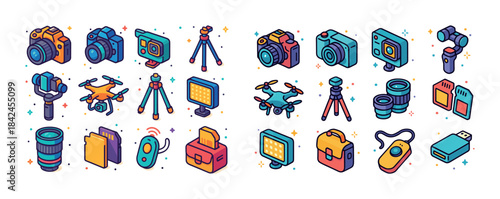Colorful camera and photography equipment icons: drones, tripods