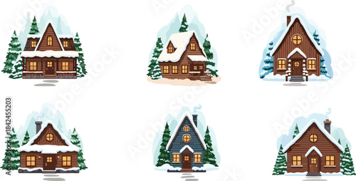 Six cozy wooden cabins nestled among snow-covered pine trees in winter house