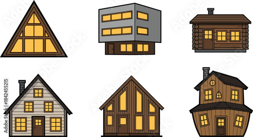 Six cartoon houses with yellow windows and dark outlines home building