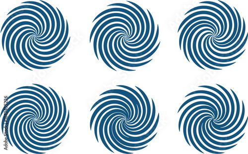 Six blue swirling vortex patterns on white background abstract