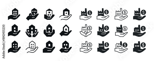 Set of real estate and finance icons featuring houses and dollar