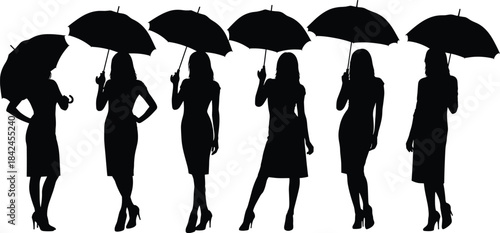 Six black silhouette women holding umbrellas in various poses woman