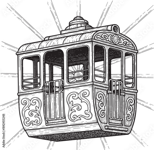 Monochrome Engraving of Ferris Wheel Car, Victorian Era Amusemen