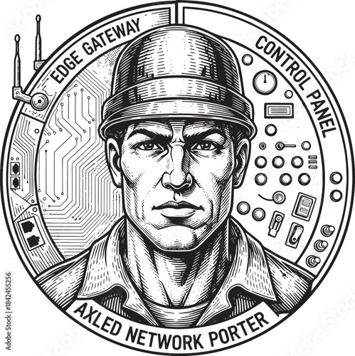 Engraved illustration of a stern network porter overseeing the d