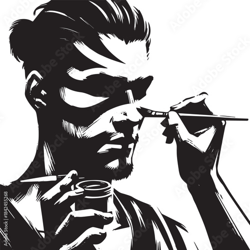 Sumi-e inspired illustration of a man applying war paint to his