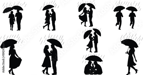 Silhouettes of couples and individuals holding umbrellas in the rain people