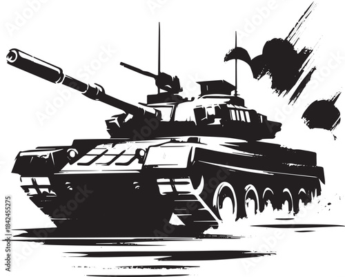 Monochrome tank illustration with artistic brushstroke effects,