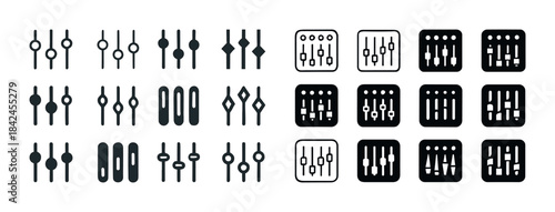Set of iconic mixing console faders and sliders in various style