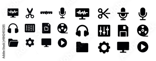 Music and video editing icons set: microphone, scissors, headpho