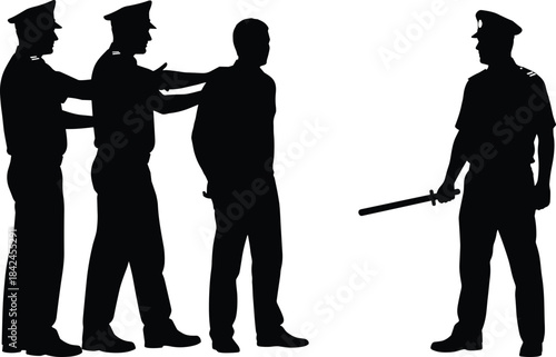 Silhouette of police officers apprehending a man with a baton law enforcement arrest