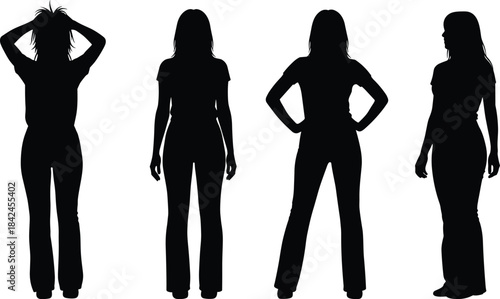 Four black female silhouettes in various poses on white background woman person
