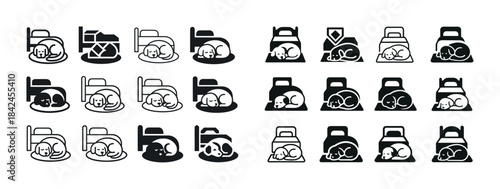 Set of sleeping dog icons in black and white