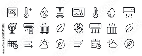 Set of climate control icons featuring thermometers and humidity