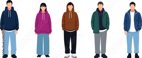 Five diverse people in casual clothing standing against a white background group