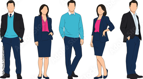 Five diverse people in business attire standing against a white background business people
