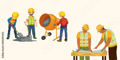 Construction Workers Vector  Editable Site Scene with Mixer, Concrete & Blueprint Elements