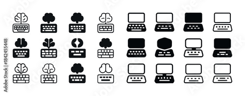 Black and white technology icons: computers, keyboards, trees, b