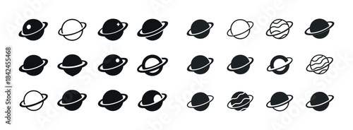 Set of planet icons with rings in various styles
