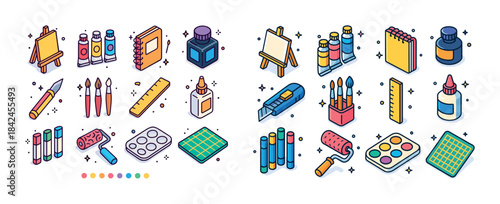 Colorful art supplies collection with easel, paints, brushes, an