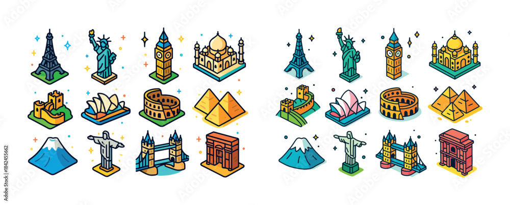 Fototapeta premium Iconic world landmarks: eiffel tower, statue of liberty, big ben