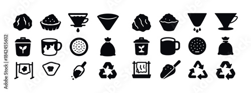 Compost icons set: waste management and recycling symbols