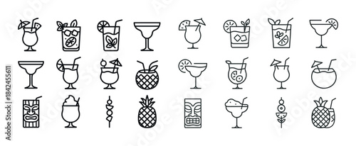 Line icons of cocktails and tropical drinks with garnishes