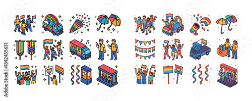 Colorful lgbtq+ pride celebrations with rainbow flags, parade, a
