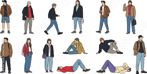 Diverse group of people in casual clothing standing and sitting on white background