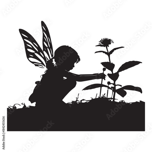 silhouette of a fairy girl with a bunch of flowers