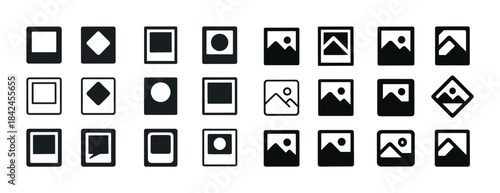 Diverse icon set featuring geometric shapes and landscape illust