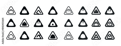 Set of black and white hard hat icons in triangle warning signs